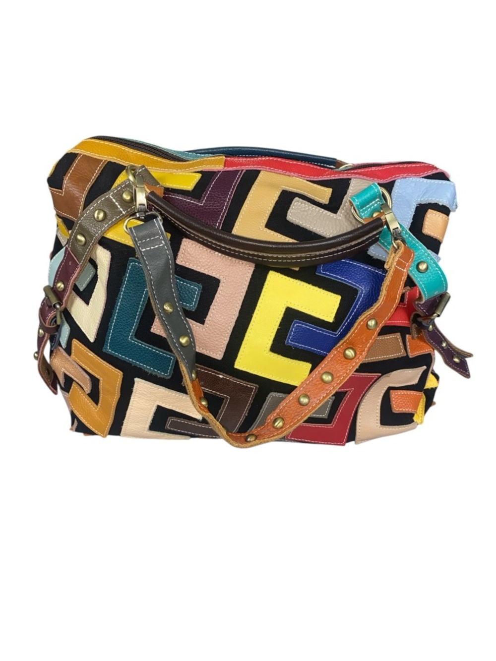 Multicolor Geometric Patchwork Shoulder Bag Pattern Artsy Funky Puzzle